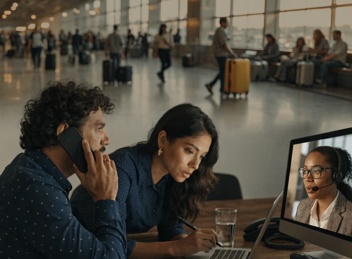 Latin American travelers speaking with an international mobility adviser before departure